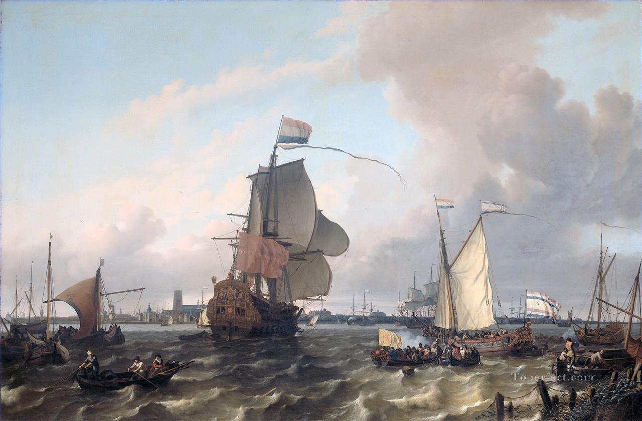 Het oorlogsschip El buque de guerra Brielle en el Maas antes de Rotterdam Ludolf Backhuysen 1689 Pintura al óleo